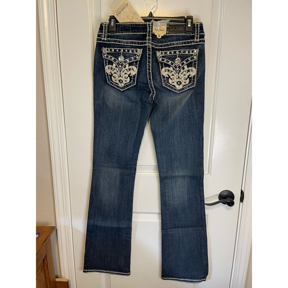 LA Idol USA Jeans Vault Denim size 7 rhinestone distressed stitching boot cut